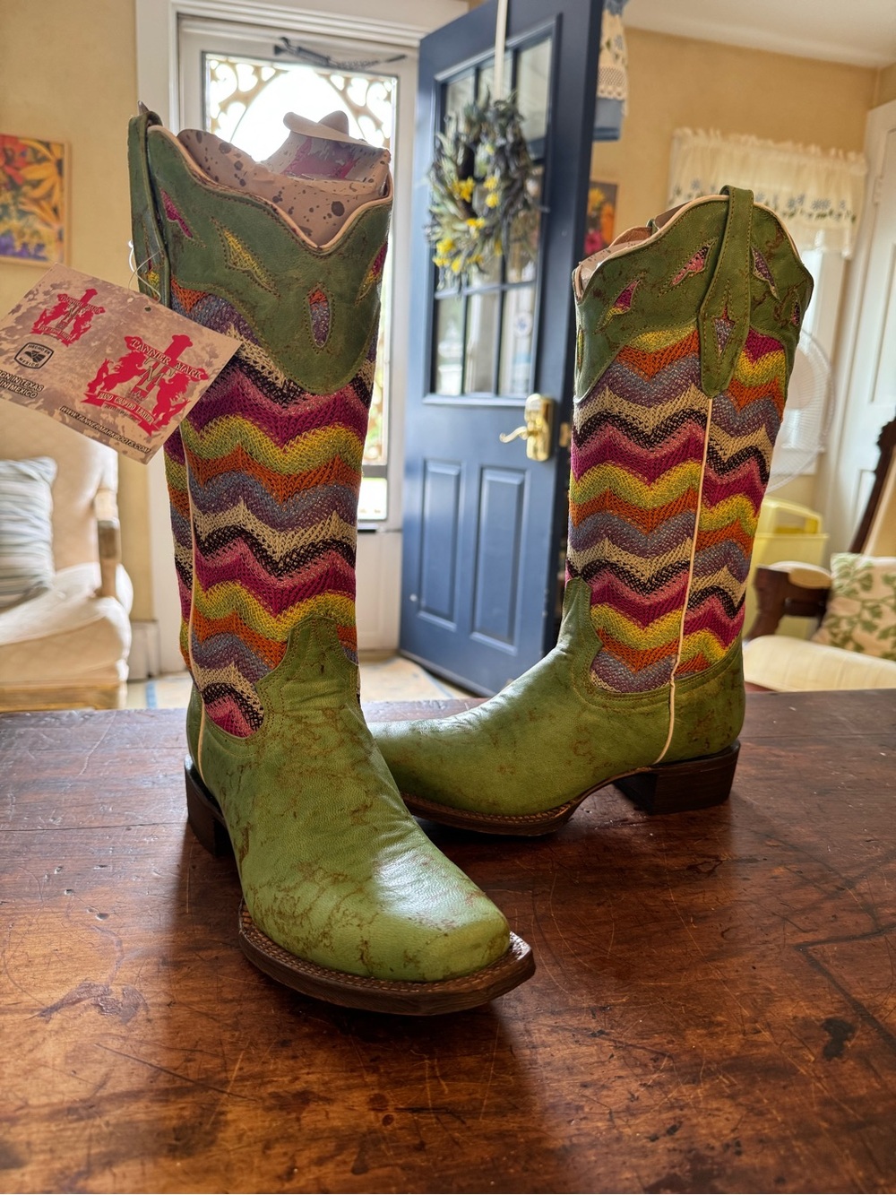Green Western Heeled Boots with Multicolor Chevron Shaft by